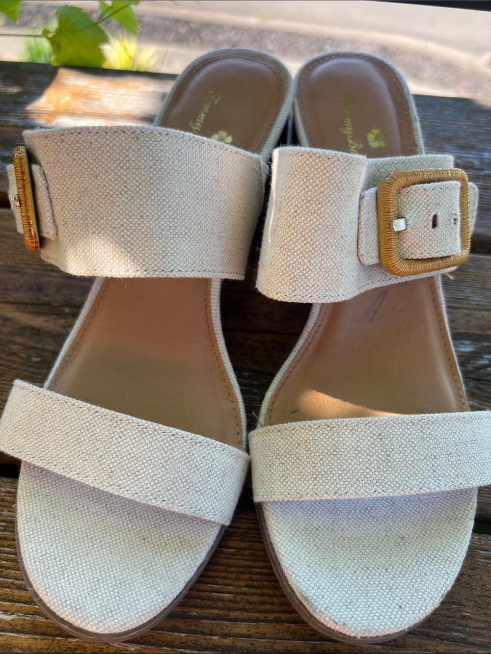 Tommy Bahama Trista Cream Linen Buckle Block Heel Sandals - Picture 3 of 13
